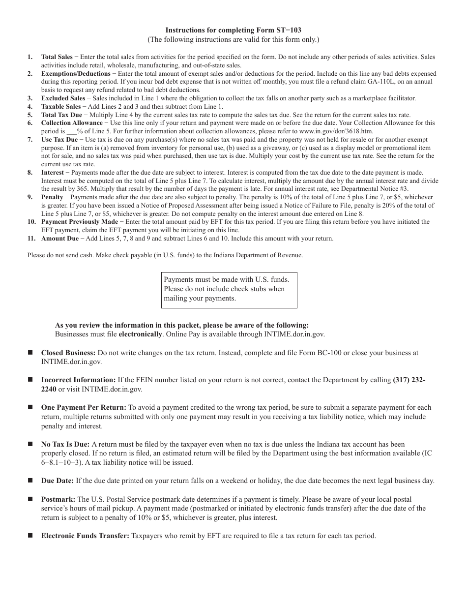 Instructions for Form ST-103 Sales and Use Tax Voucher - Indiana, Page 1