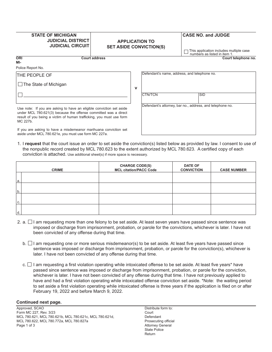 Form MC227 Application to Set Aside Conviction(S) - Michigan, Page 1