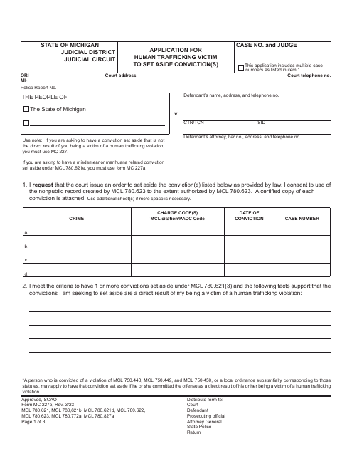 Form MC227B Application for Human Trafficking Victim to Set Aside Conviction(S) - Michigan