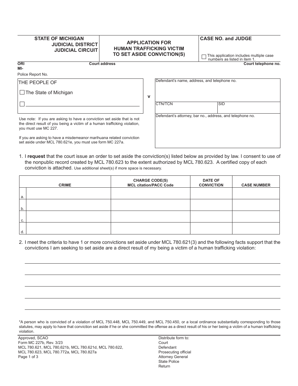 Form MC227B Application for Human Trafficking Victim to Set Aside Conviction(S) - Michigan, Page 1