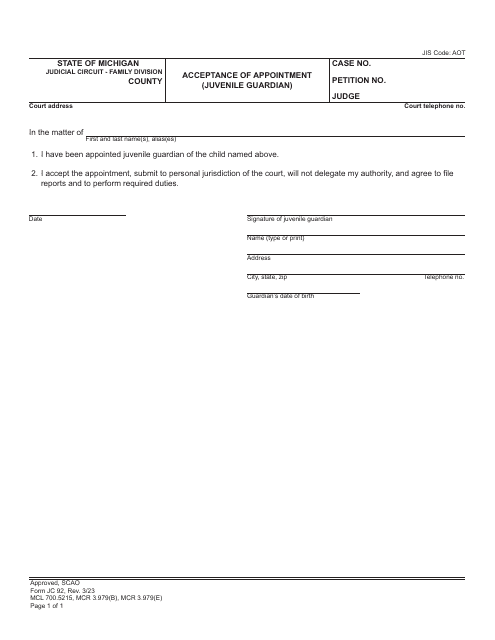 Form JC92 Acceptance of Appointment (Juvenile Guardian) - Michigan