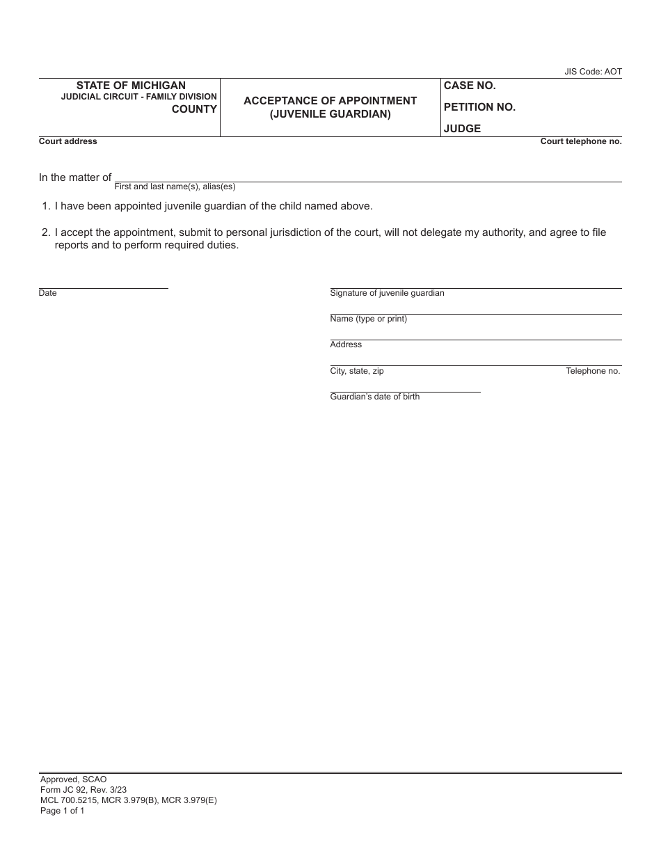 Form JC92 Acceptance of Appointment (Juvenile Guardian) - Michigan, Page 1