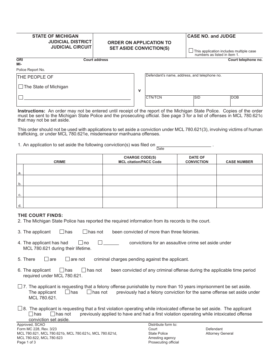 Form MC228 Order on Application to Set Aside Conviction(S) - Michigan, Page 1