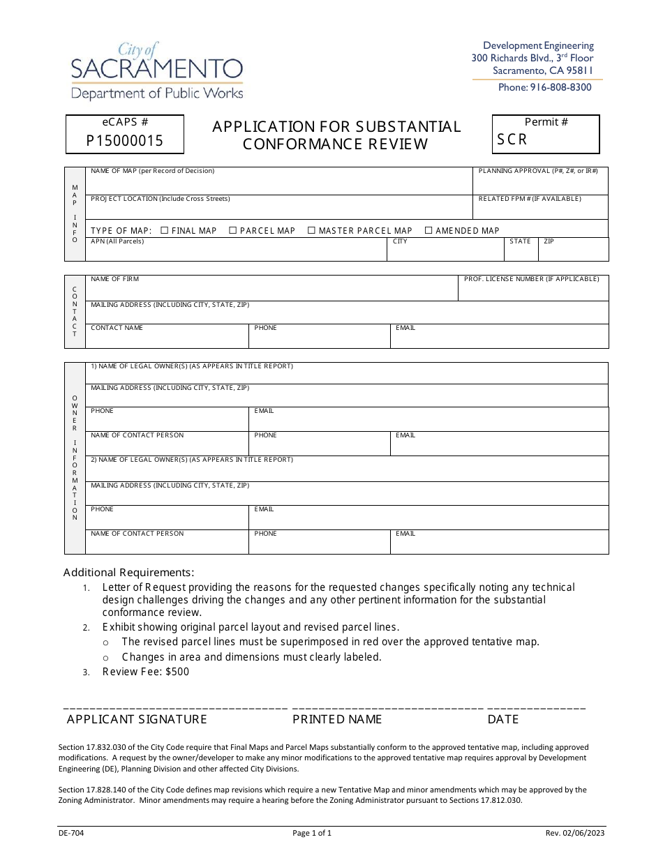 Form DE-704 Application for Substantial Conformance Review - City of Sacramento, California, Page 1