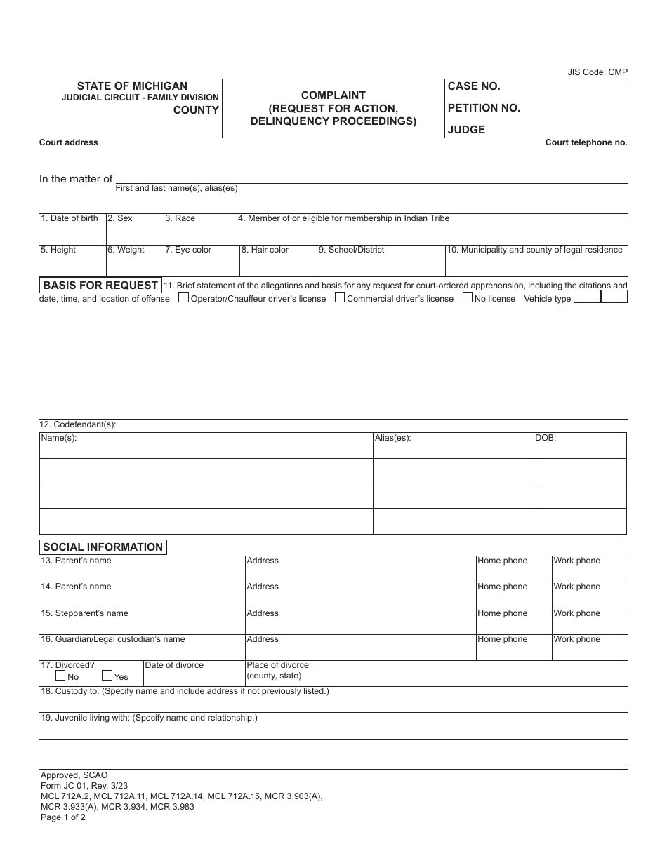 Form JC01 Complaint (Request for Action, Delinquency Proceedings) - Michigan, Page 1