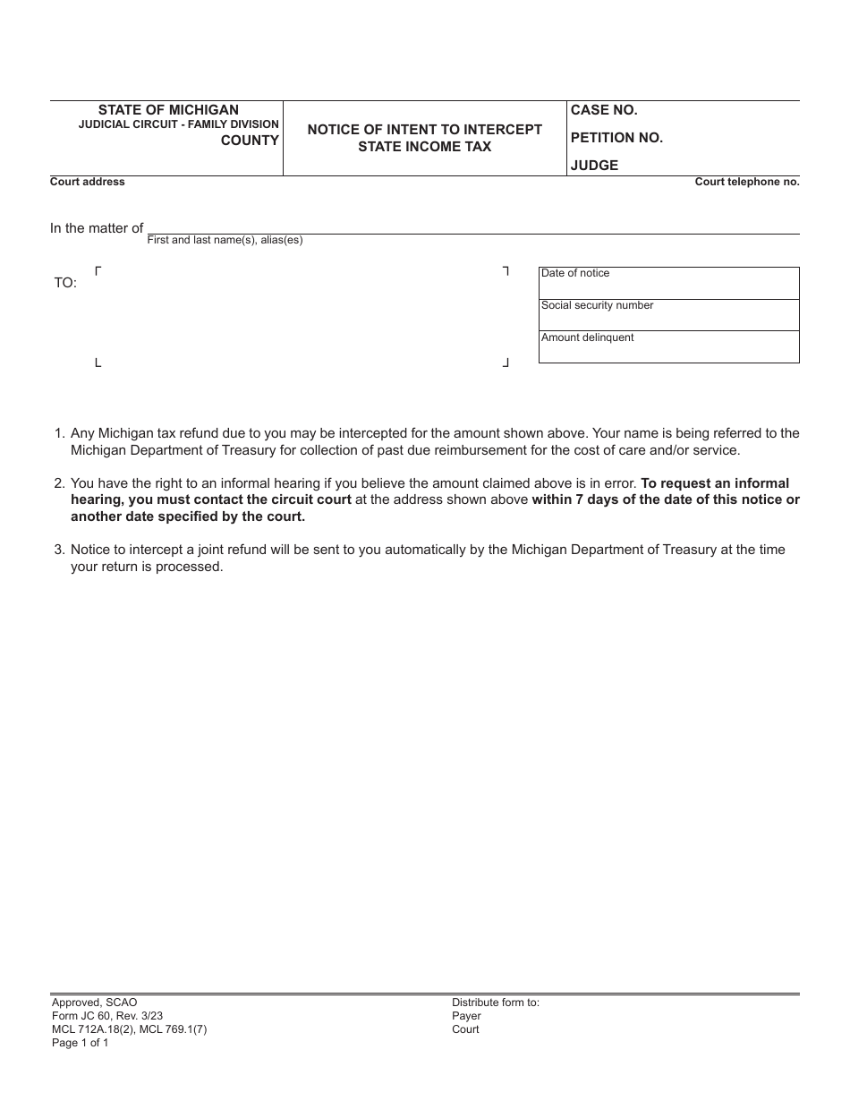 Form JC60 Notice of Intent to Intercept State Income Tax - Michigan, Page 1