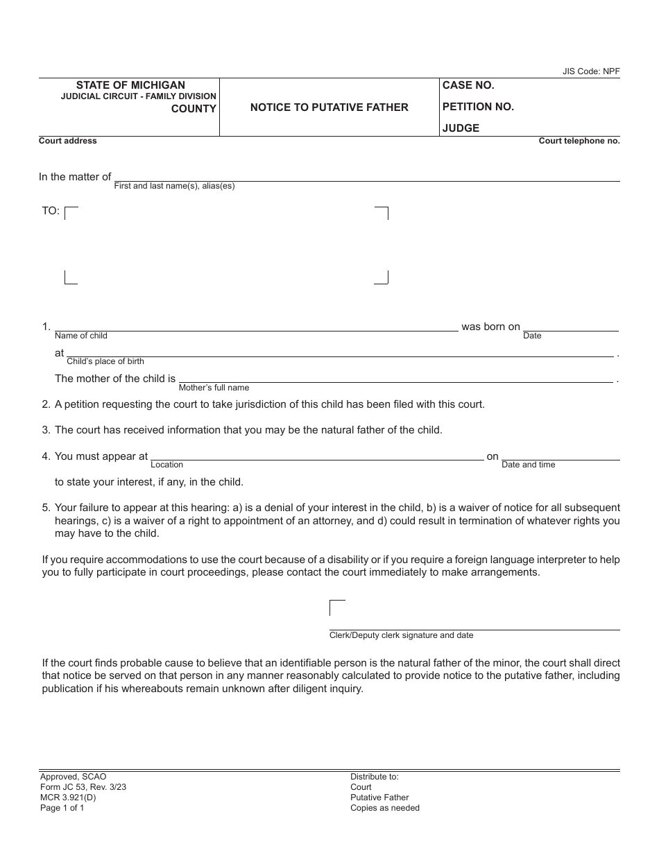 Form JC53 Notice to Putative Father - Michigan, Page 1