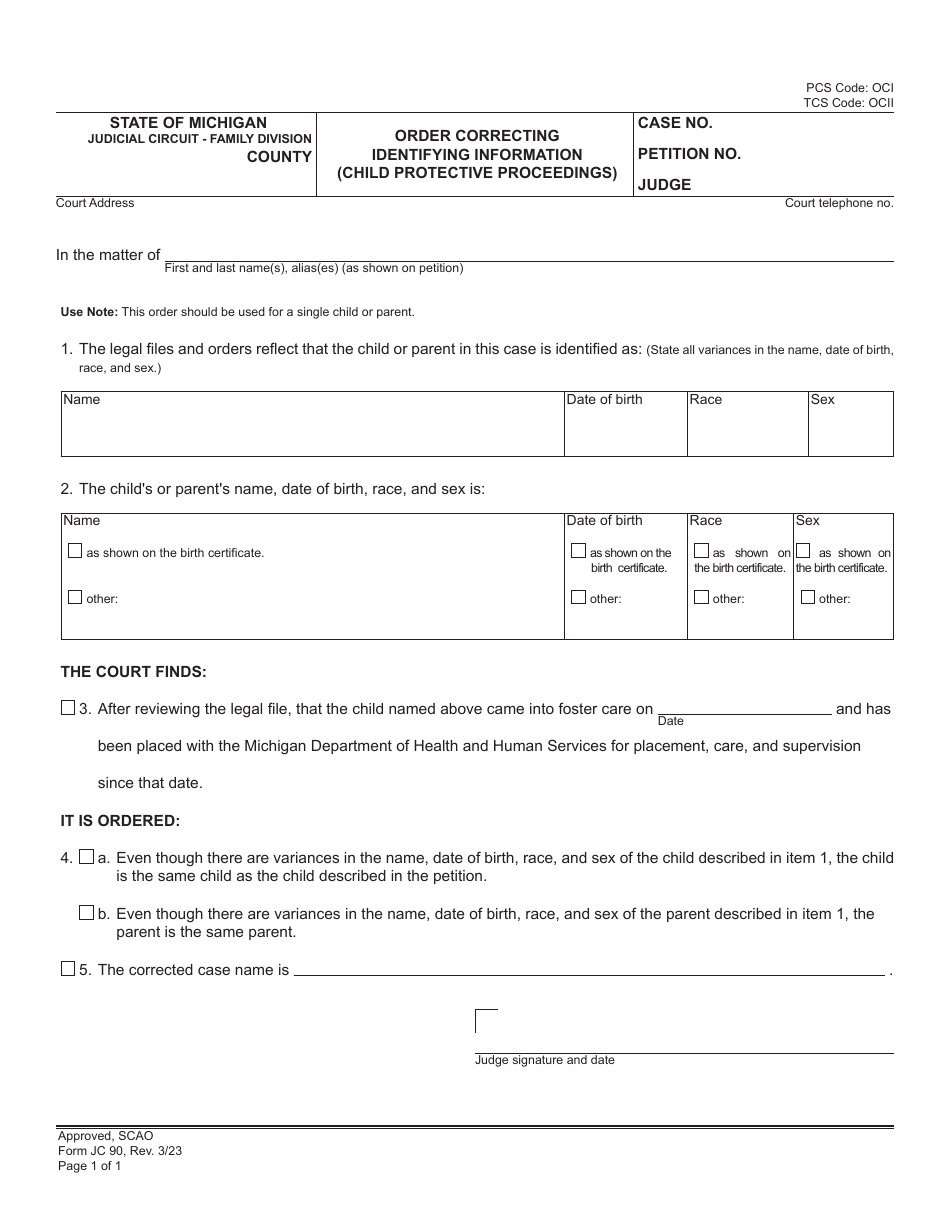 Form JC90 Order Correcting Identifying Information (Child Protective Proceedings) - Michigan, Page 1