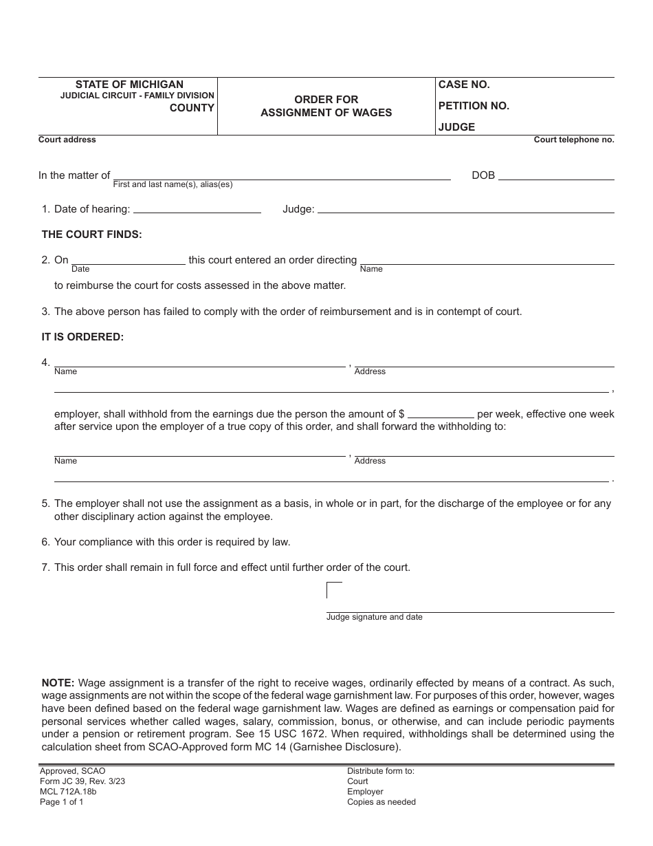 Form JC39 Order for Assignment of Wages - Michigan, Page 1