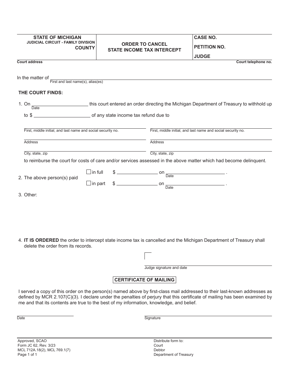 Form JC62 Order to Cancel State Income Tax Intercept - Michigan, Page 1