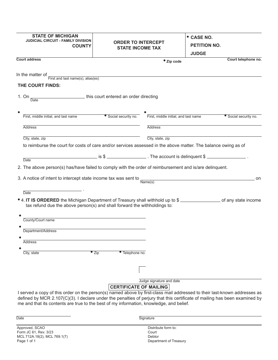 Form JC61 Download Fillable PDF or Fill Online Order to Intercept State