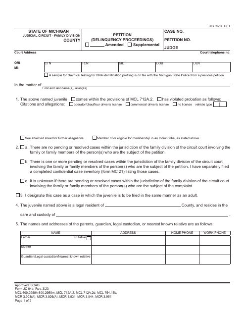 Form JC04A Petition (Delinquency Proceedings) - Michigan