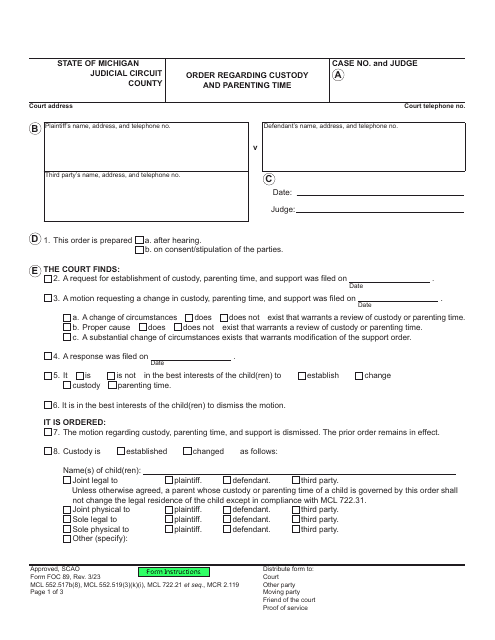 Form FOC89 Order Regarding Custody and Parenting Time - Michigan
