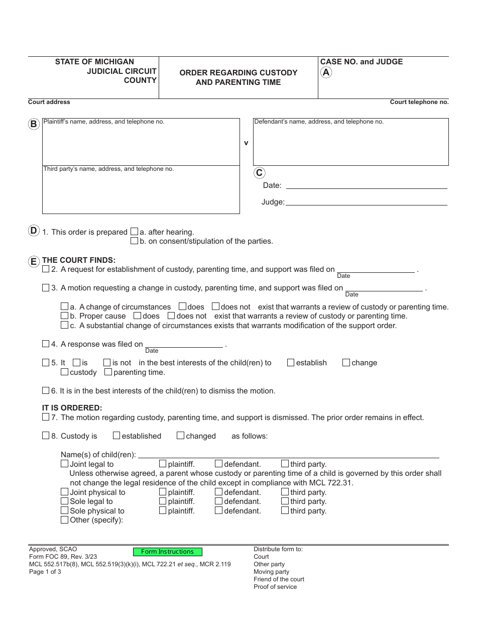 Form FOC89 Order Regarding Custody and Parenting Time - Michigan, Page 1