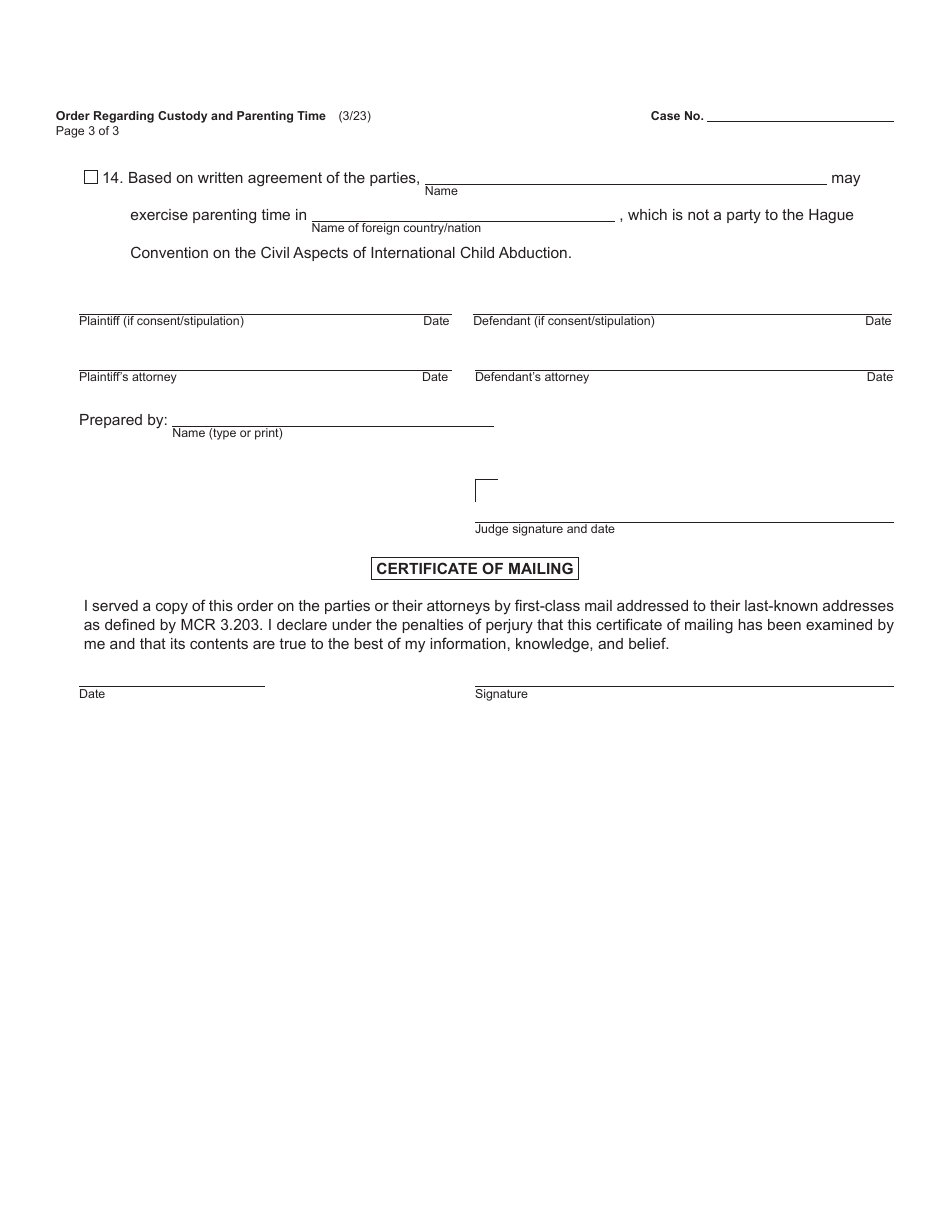 Form FOC89 Order Regarding Custody and Parenting Time - Michigan, Page 3