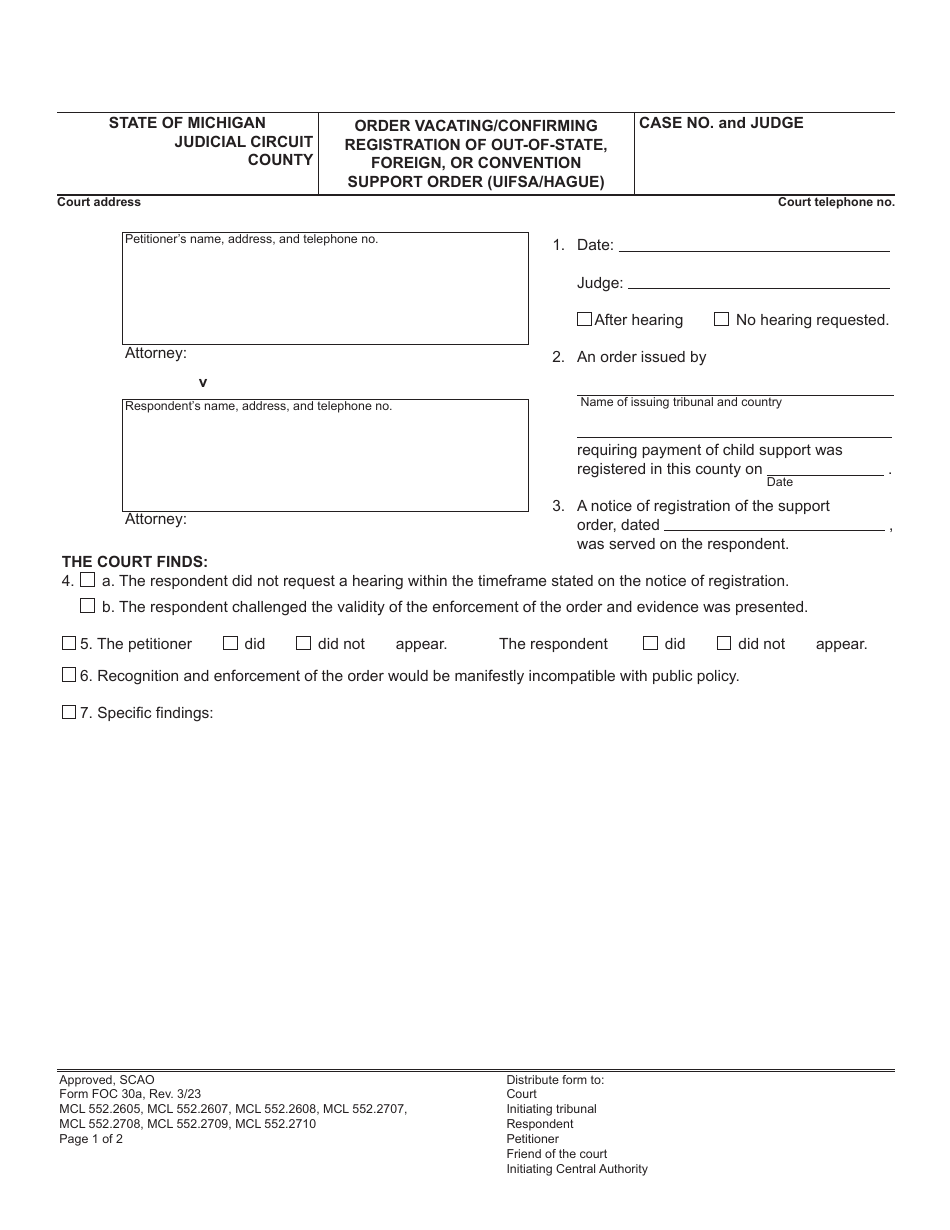 Form FOC30A Order Vacating / Confirming Registration of Out-of-State, Foreign, or Convention Support Order (Uifsa / Hague) - Michigan, Page 1