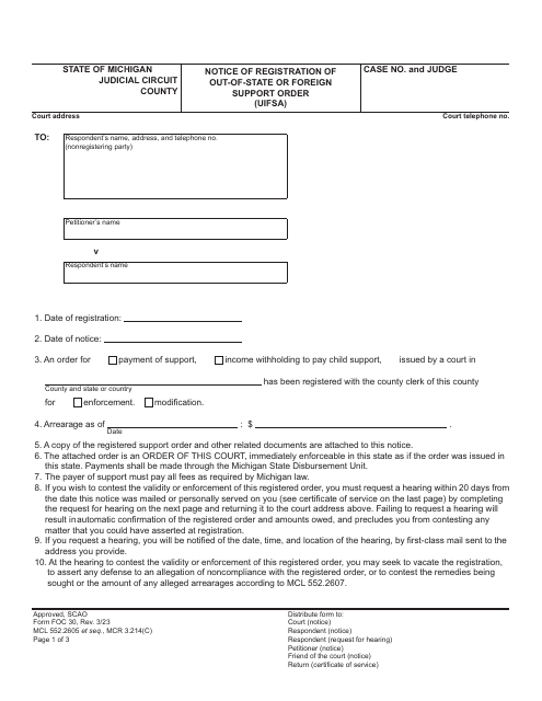 Form FOC30 Notice of Registration of Out-of-State or Foreign Support Order (Uifsa) - Michigan