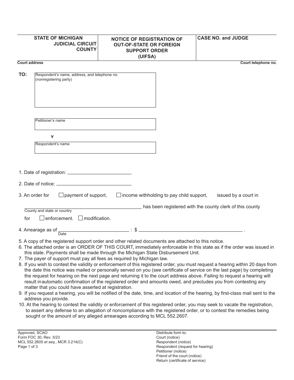 Form FOC30 Notice of Registration of Out-of-State or Foreign Support Order (Uifsa) - Michigan, Page 1