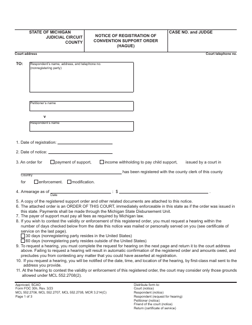 Form FOC30H Notice of Registration of Convention Support Order (Hague) - Michigan