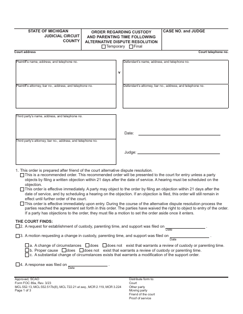 Form FOC89A Order Regarding Custody and Parenting Time Following Alternative Dispute Resolution - Michigan