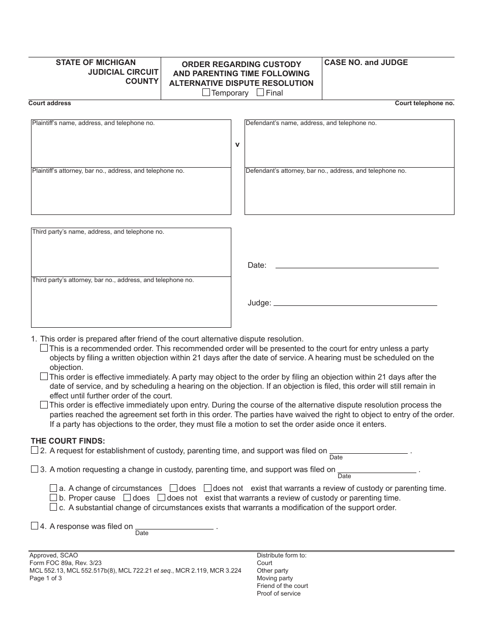Form FOC89A Order Regarding Custody and Parenting Time Following Alternative Dispute Resolution - Michigan, Page 1