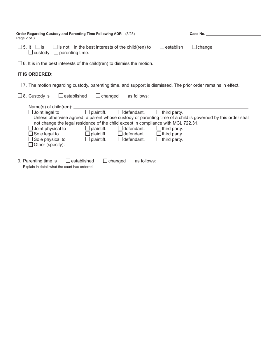 Form FOC89A Order Regarding Custody and Parenting Time Following Alternative Dispute Resolution - Michigan, Page 2