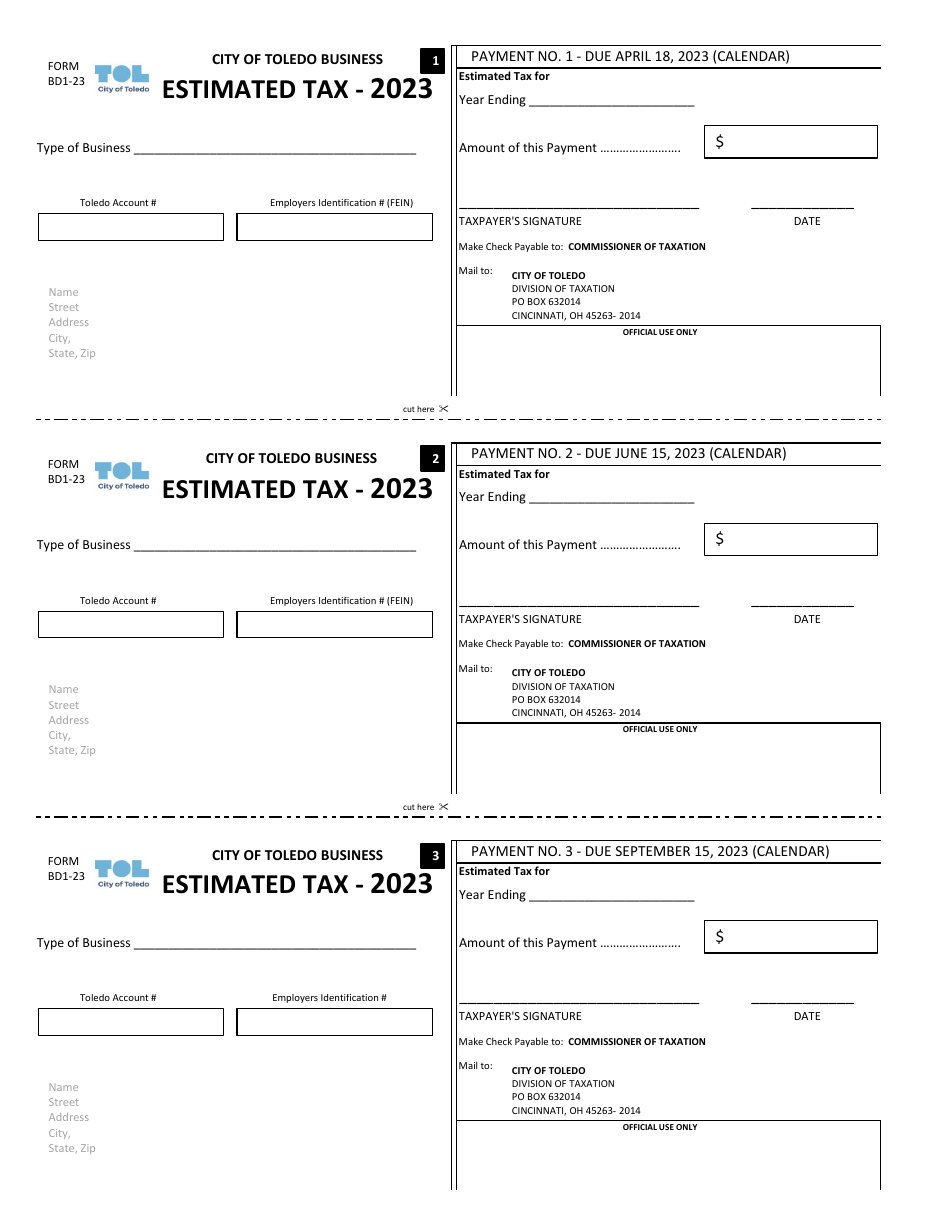 Form BD1 Business Estimated Tax - City of Toledo, Ohio, Page 1