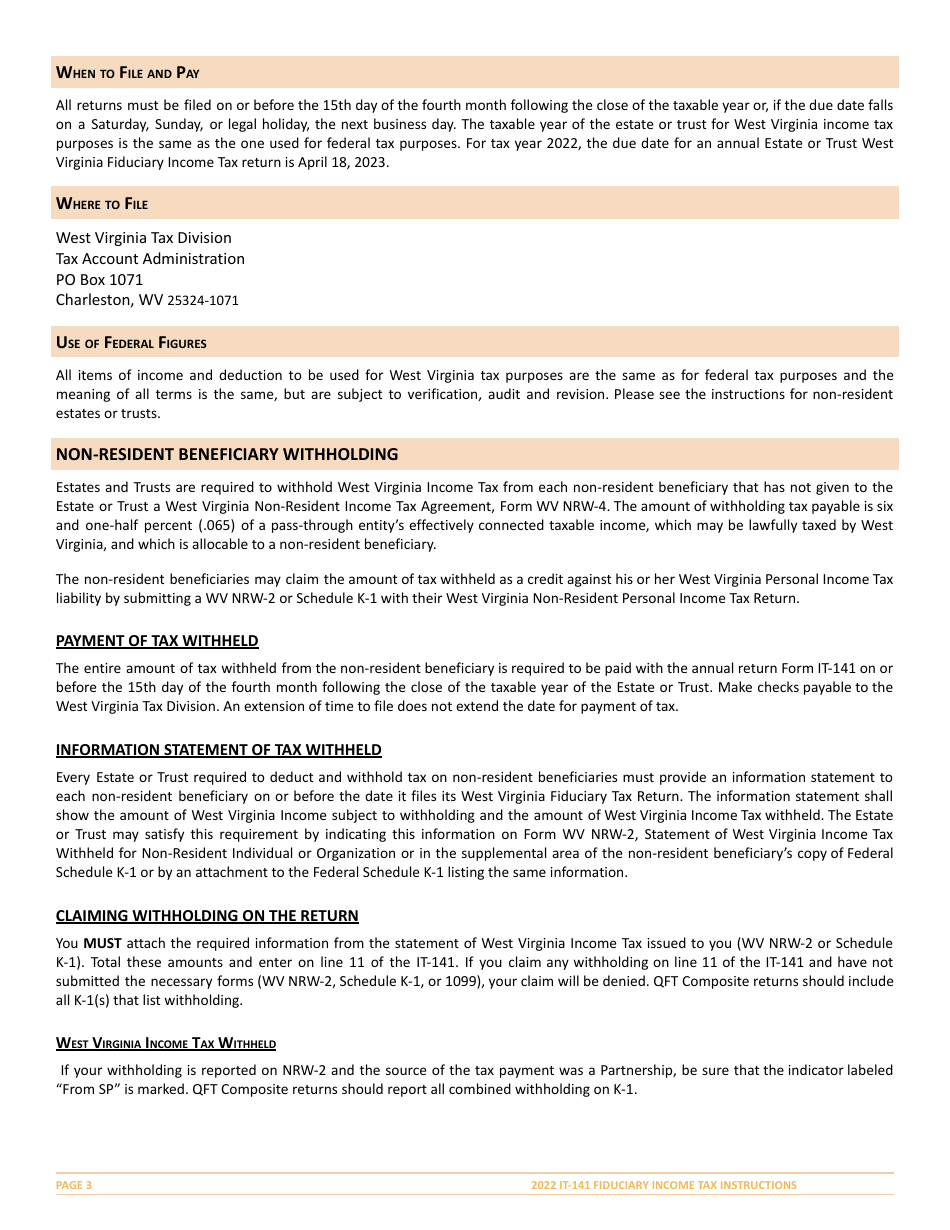 Instructions for Form IT-141 West Virginia Fiduciary Income Tax Return - West Virginia, Page 3