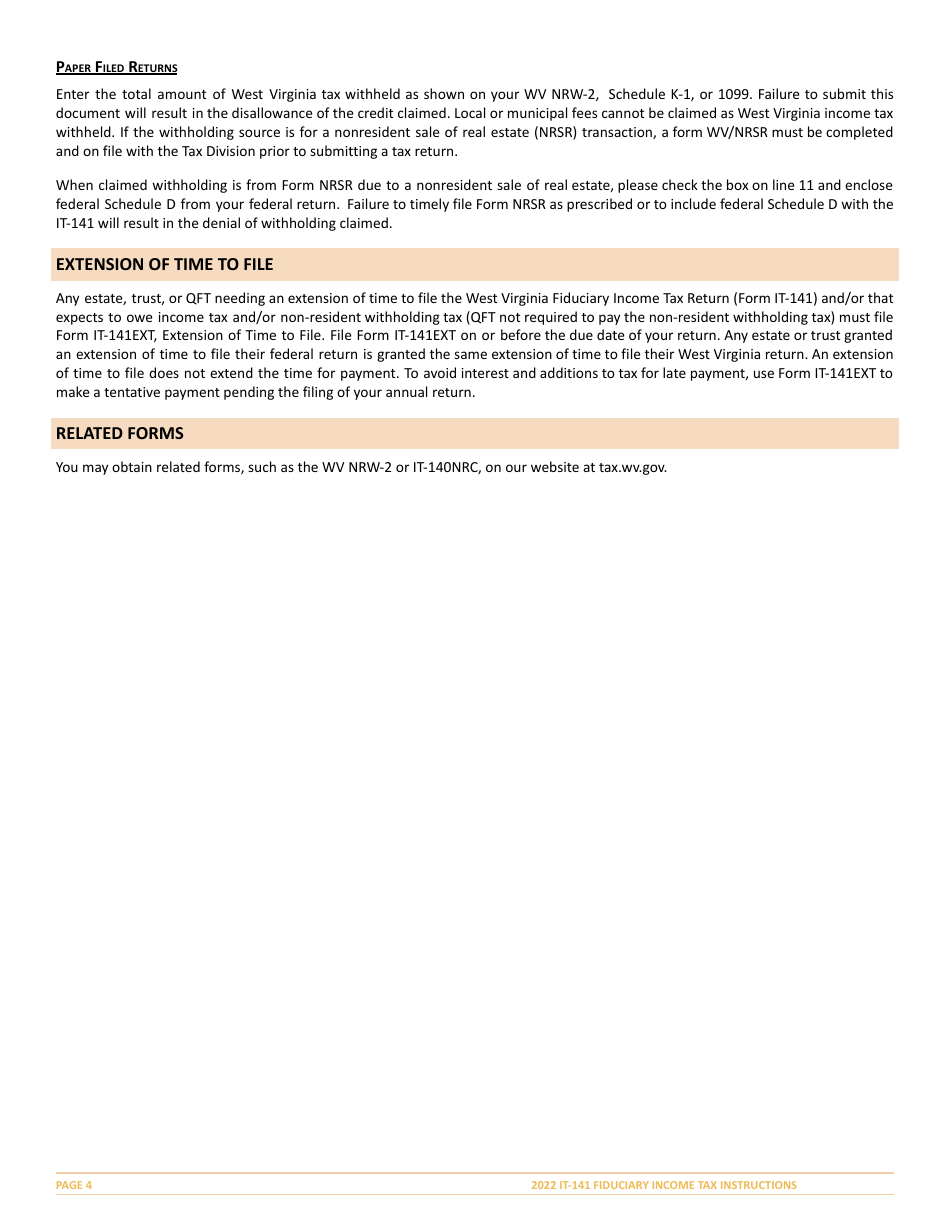 Instructions for Form IT-141 West Virginia Fiduciary Income Tax Return - West Virginia, Page 4