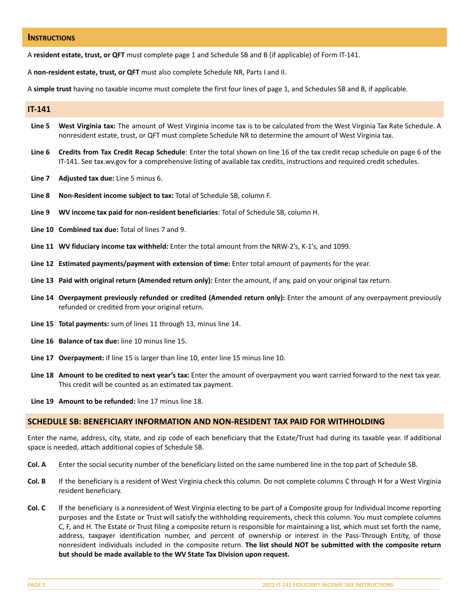 Instructions for Form IT-141 West Virginia Fiduciary Income Tax Return - West Virginia, Page 5