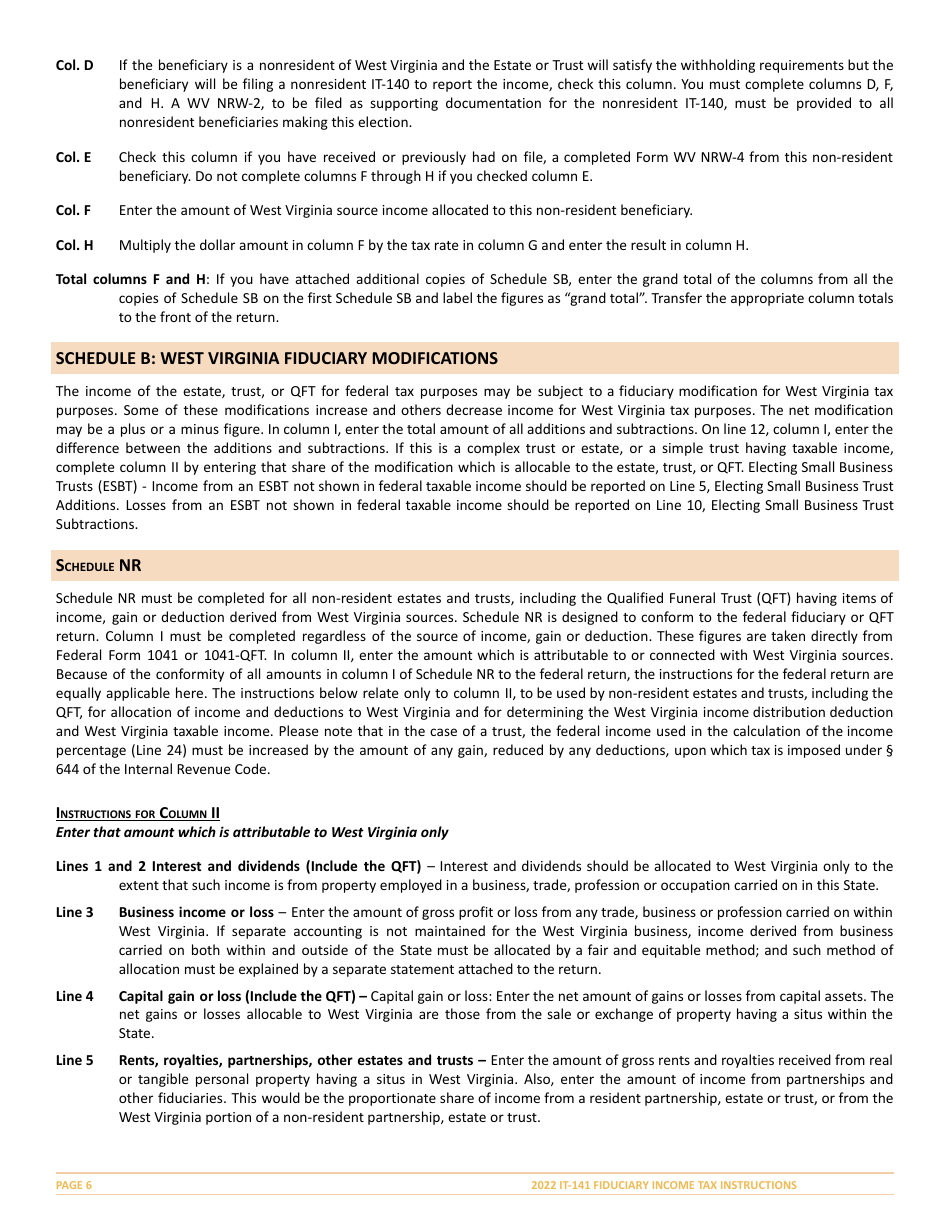 Instructions for Form IT-141 West Virginia Fiduciary Income Tax Return - West Virginia, Page 6