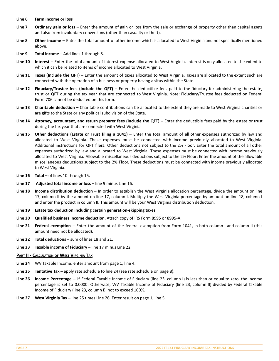 Instructions for Form IT-141 West Virginia Fiduciary Income Tax Return - West Virginia, Page 7