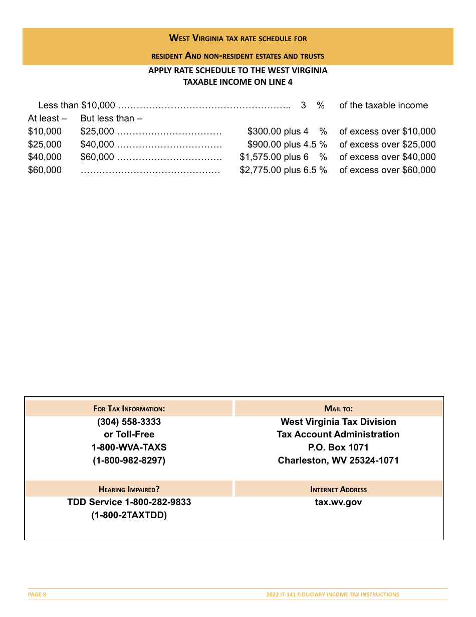 Instructions for Form IT-141 West Virginia Fiduciary Income Tax Return - West Virginia, Page 8