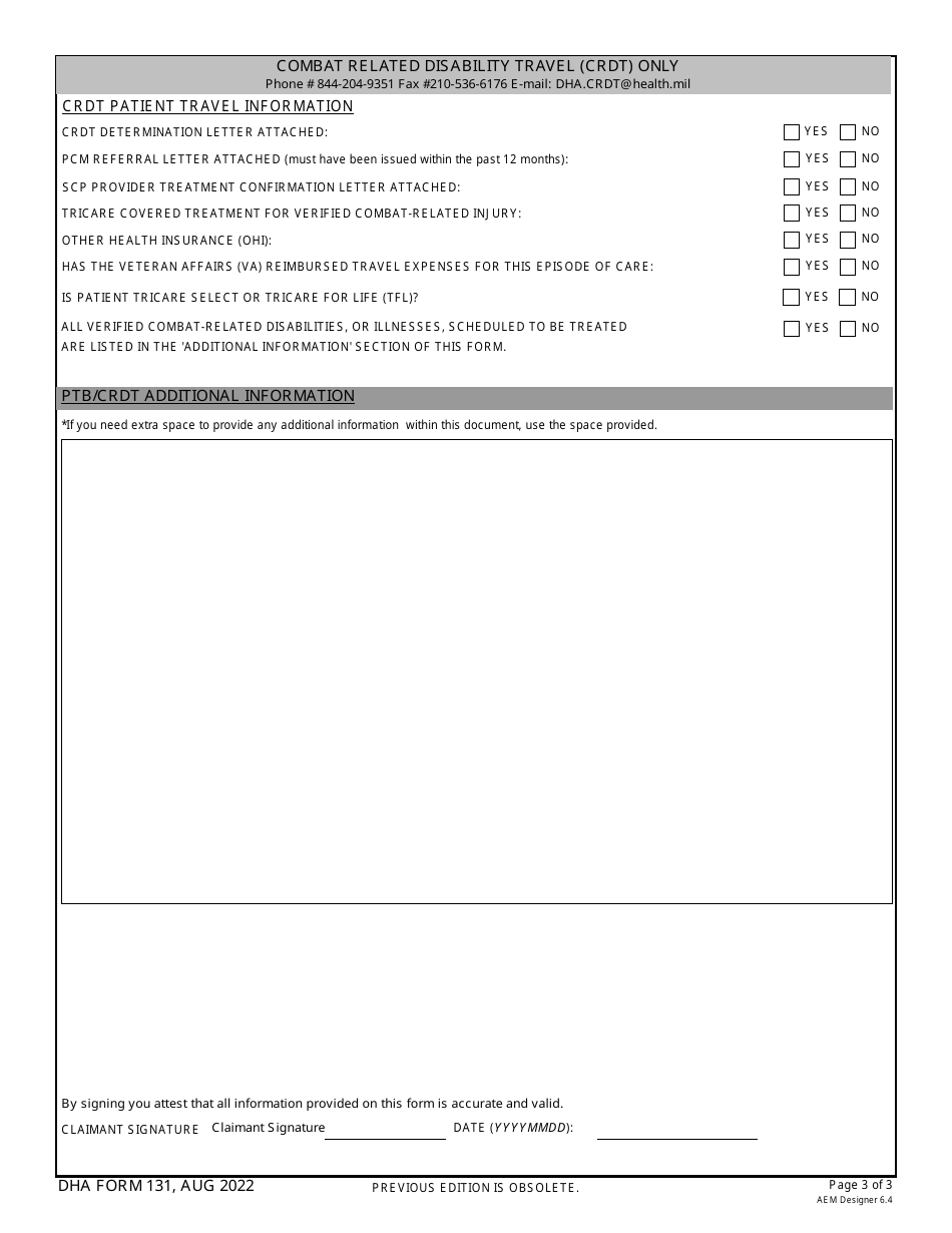 DHA Form 131 TRICARE Prime Travel Benefit / Combat Related Disability Travel Patient Information Worksheet, Page 3