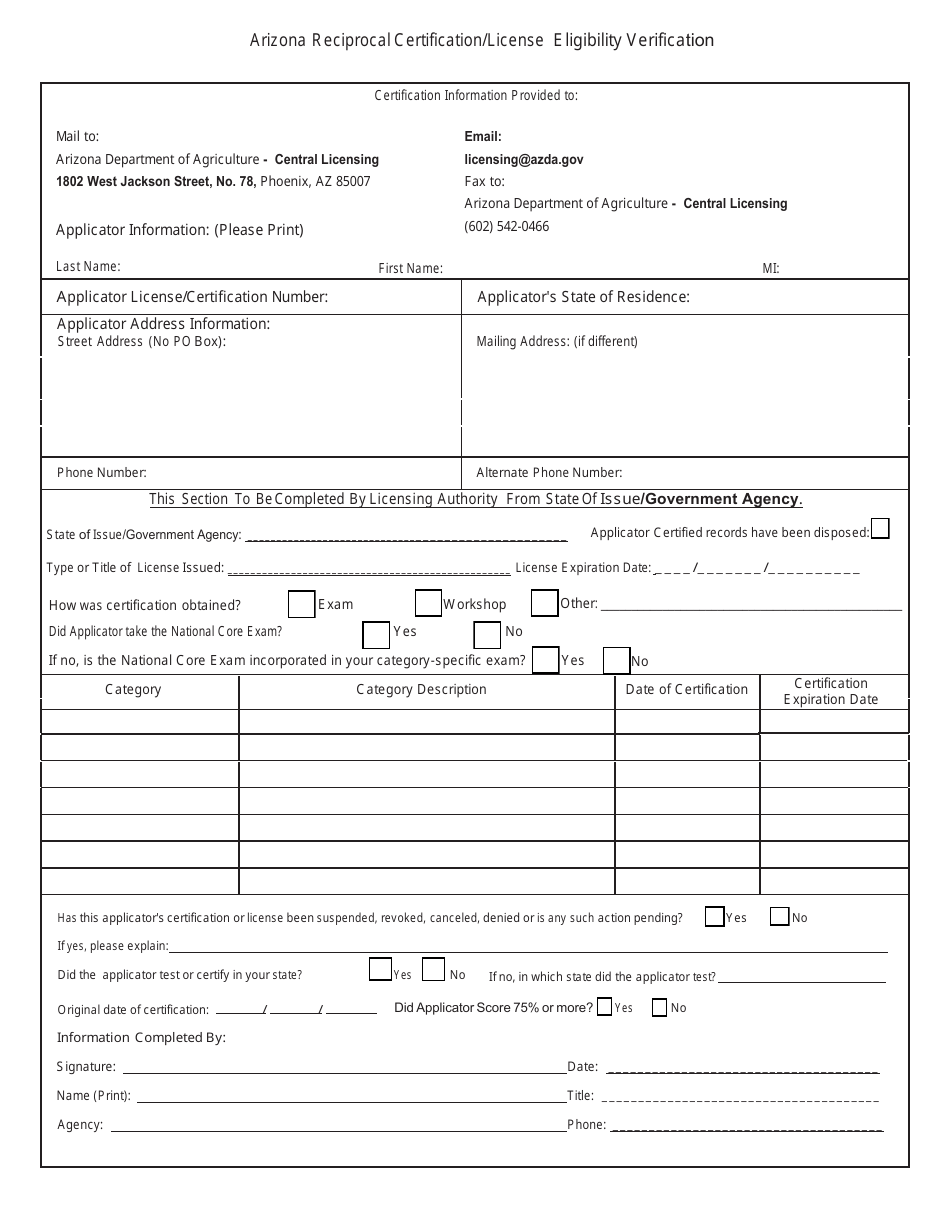 Arizona Arizona Reciprocal Certification/License Eligibility