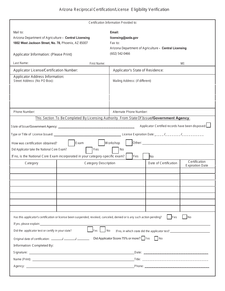 Arizona Reciprocal Certification / License Eligibility Verification - Arizona, Page 1