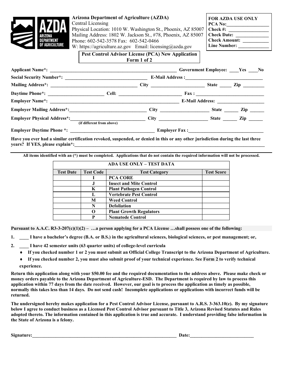 Pest Control Advisor License (Pca) New Application - Arizona, Page 1