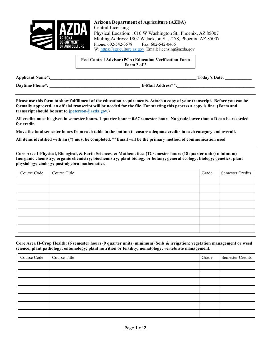 Arizona Pest Control Advisor License (Pca) New Application Fill Out