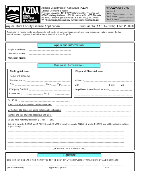 Aquaculture Facility License Application - Arizona Download Pdf