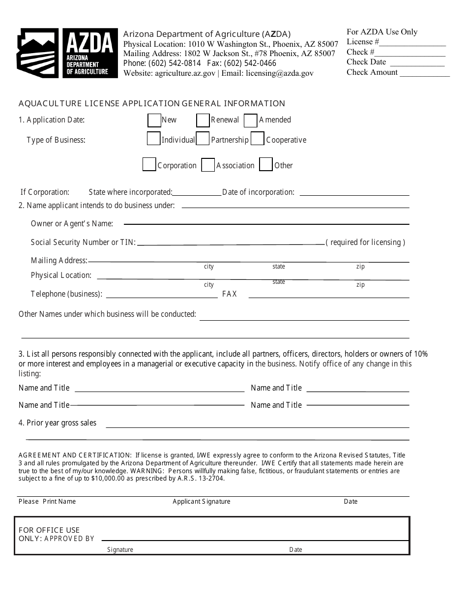 Aquaculture Facility License Application - Arizona, Page 2