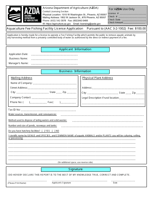 Aquaculture Fee Fishing Facility License Application - Arizona Download Pdf