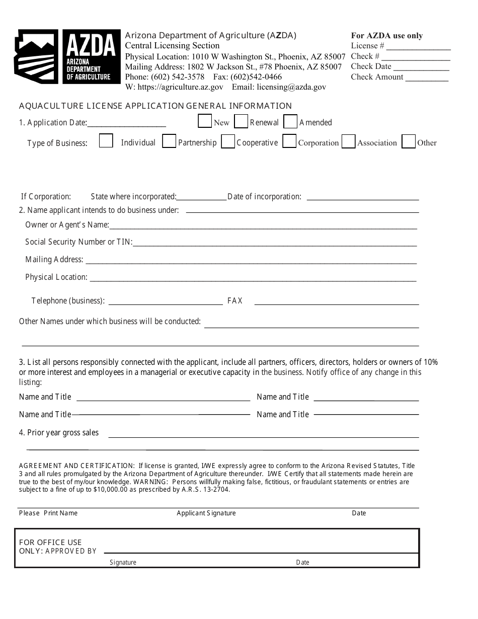 Aquaculture Fee Fishing Facility License Application - Arizona, Page 2