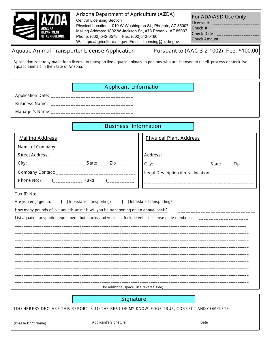 Aquatic Animal Transporter License Application - Arizona, Page 1