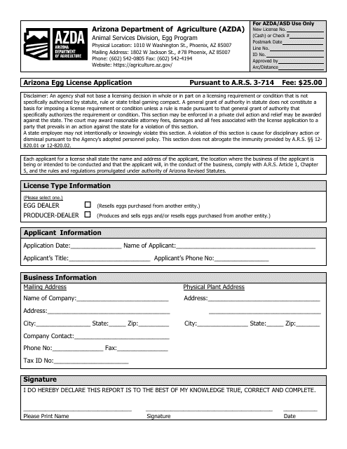 Arizona Egg License Application - Arizona