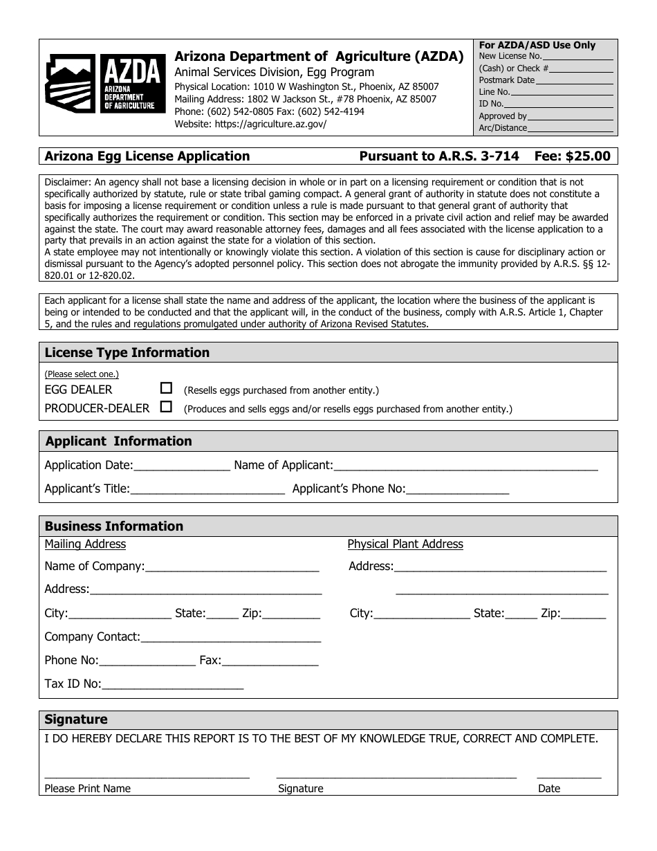 Arizona Egg License Application - Arizona, Page 1