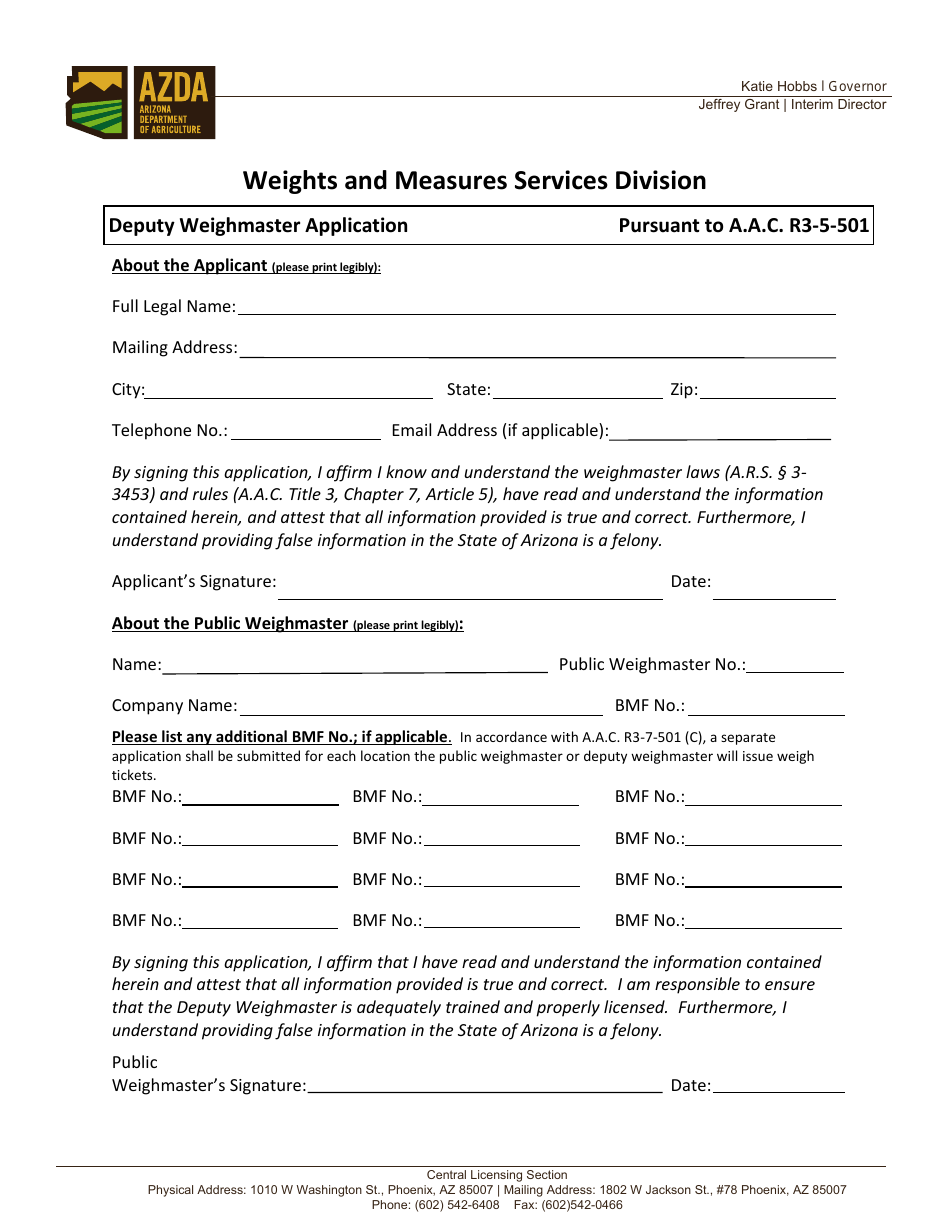 Deputy Weighmaster Application - Arizona, Page 1