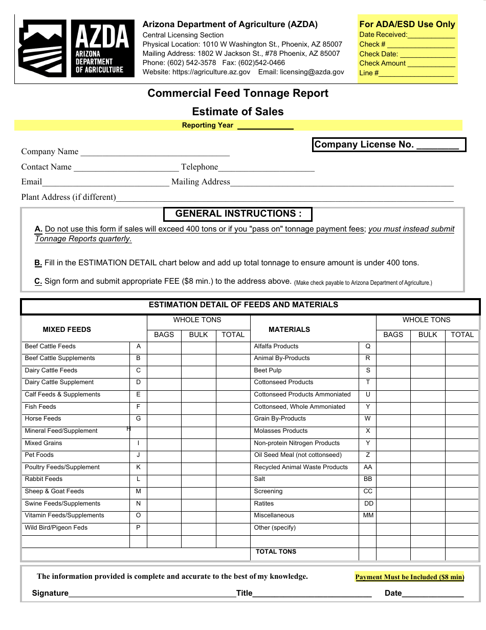 Commercial Feed Tonnage Report - Estimate of Sales - Arizona, Page 1