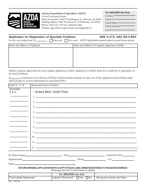Application for Registration of Specialty Fertilizers - Arizona