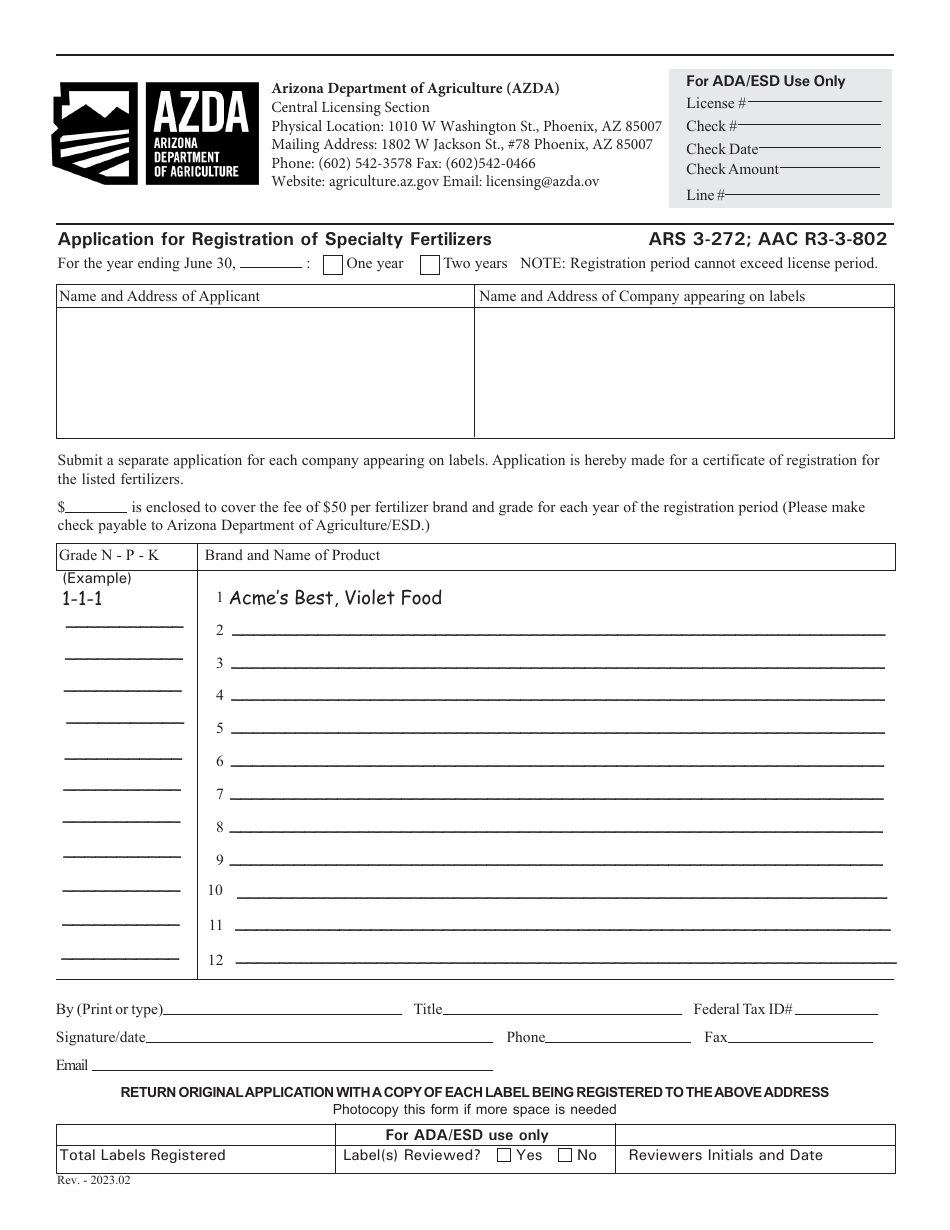 Application for Registration of Specialty Fertilizers - Arizona, Page 1
