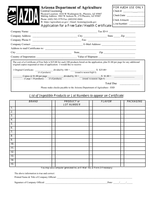Application for a Free Sale / Health Certificate - Arizona Download Pdf